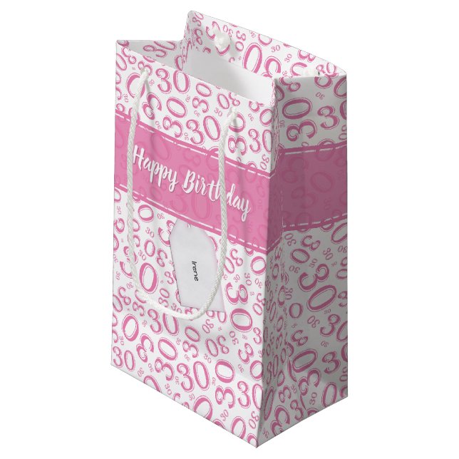 30th Birthday Random Number Pattern Pink/White Small Gift Bag (Front Angled)
