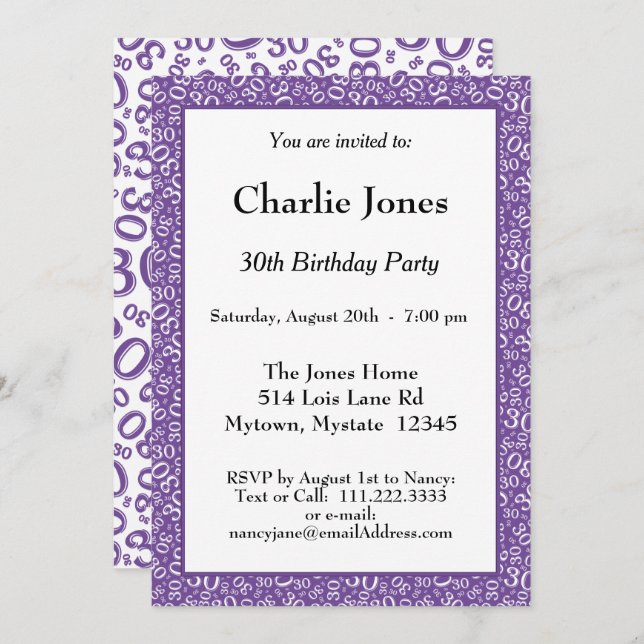 30th Birthday Random Number Pattern Purple/White Invitation (Front/Back)