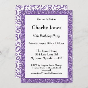 30th Birthday Random Number Pattern Purple/White Invitation