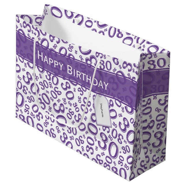 30th Birthday Random Number Pattern Purple/White Large Gift Bag (Front Angled)