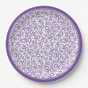 30th Birthday Random Number Pattern Purple/White Paper Plates