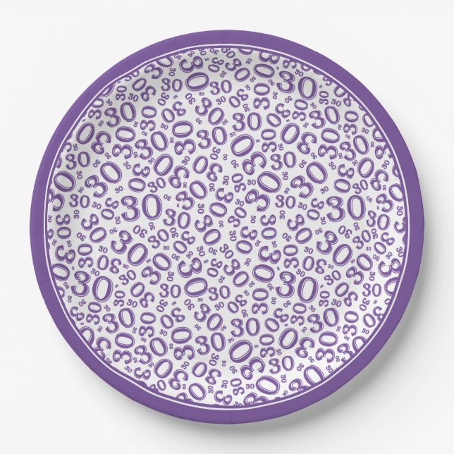 30th Birthday Random Number Pattern Purple/White Paper Plates (Front)