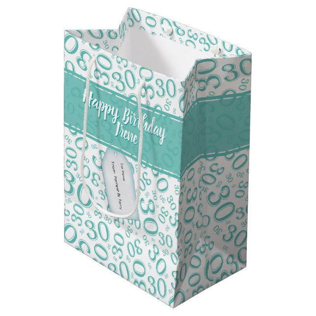 30th Birthday Random Number Pattern Teal/White Medium Gift Bag (Front Angled)