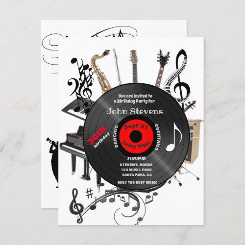 30th Birthday Record Musical Instruments Fun  Invitation