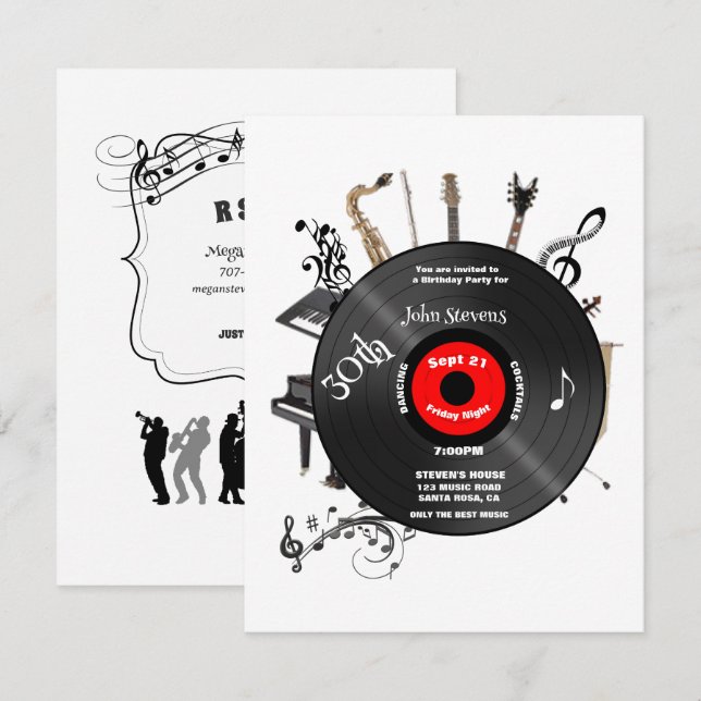 30th Birthday Record Musical Instruments Fun  Invitation (Front/Back)