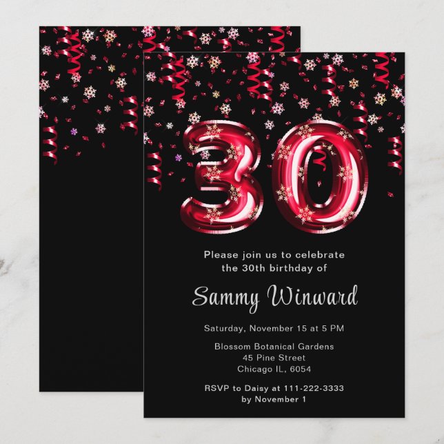 30th Birthday Red Balloons Snowflake Confetti Invitation (Front/Back)