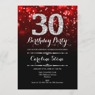 30th Birthday - Red Black Silver Invitation