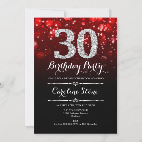 30th Birthday _ Red Black Silver Invitation