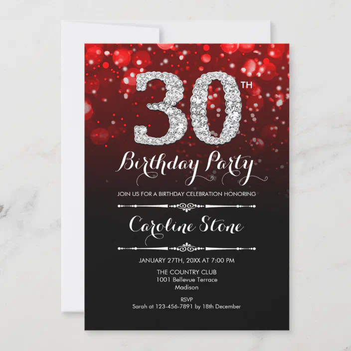 Red Black Silver Diamond 40Th Birthday Party Personalised Invitations