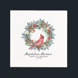 30th Birthday Red Cardinal Wreath Custom Cocktail Napkins<br><div class="desc">Elegant watercolor red cardinal framed by a classic winter pine wreath. Red and white flowers,  berries and pinecones add to the greenery. Three lines of text let you customize your party supplies.</div>