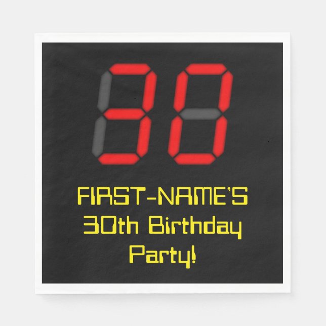 30th Birthday: Red Digital Clock Style "30" + Name Napkins (Front)