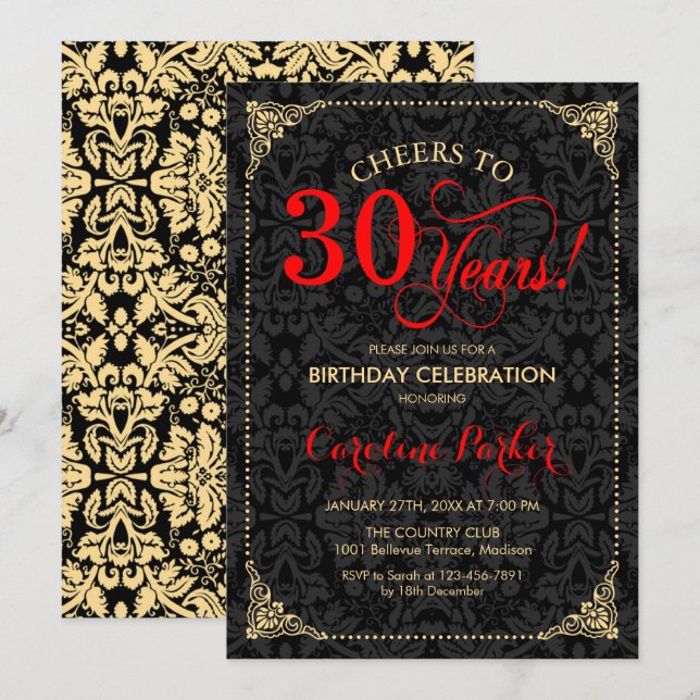 30th Birthday - Red Gold Black Damask Invitation (Front/Back)