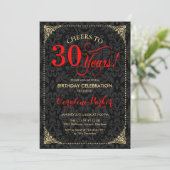 30th Birthday - Red Gold Black Damask Invitation (Standing Front)