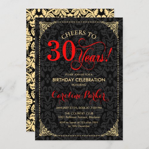 30th Birthday _ Red Gold Black Damask Invitation