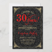 30th Birthday - Red Gold Black Damask Invitation (Front)