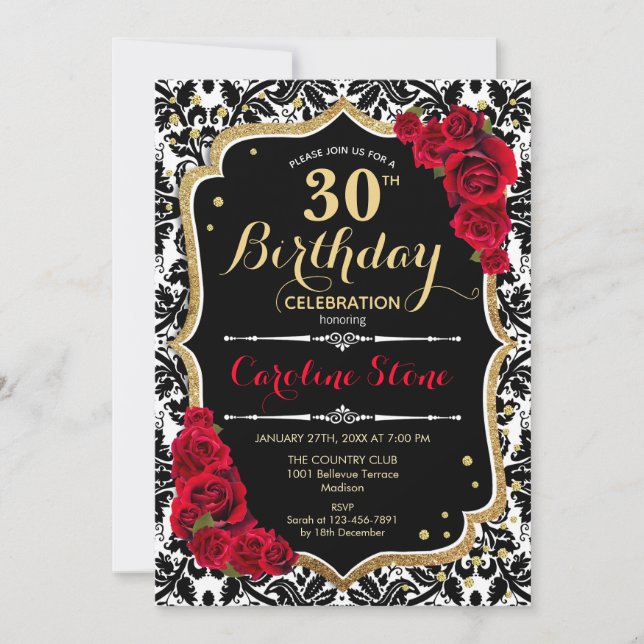30th Birthday - Red Roses Gold Black Damask Invitation (Front)
