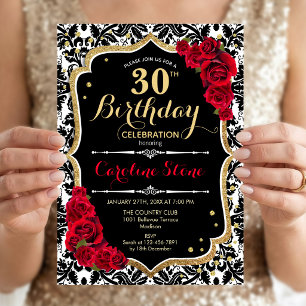 30th Birthday - Red Roses Gold Black Damask Invitation