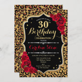 30th Birthday - Red Roses Leopard Print Invitation (Front/Back)