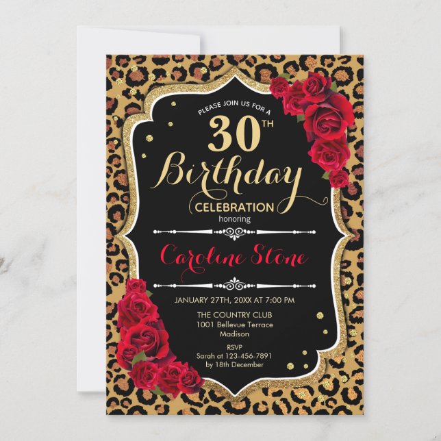 30th Birthday - Red Roses Leopard Print Invitation (Front)
