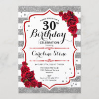 30th Birthday -  Red Silver White Stripes Roses