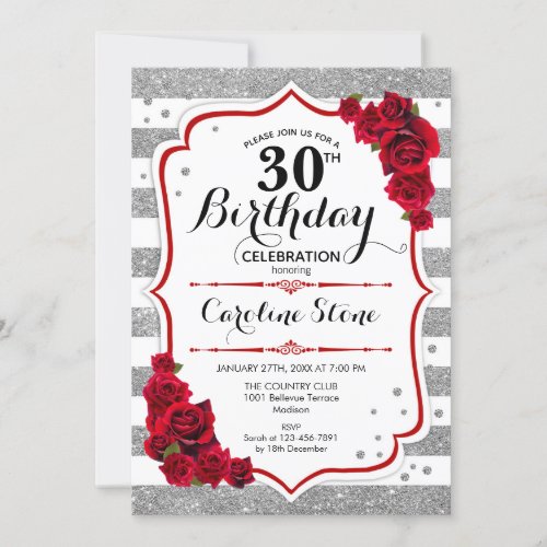 30th Birthday _  Red Silver White Stripes Roses Invitation