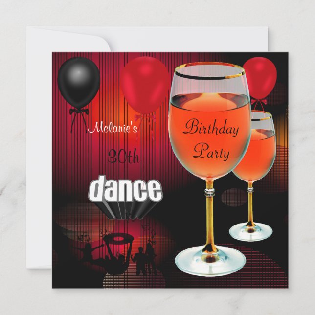30th Birthday Red Wine Glass Dance Balloons Invitation (Front)