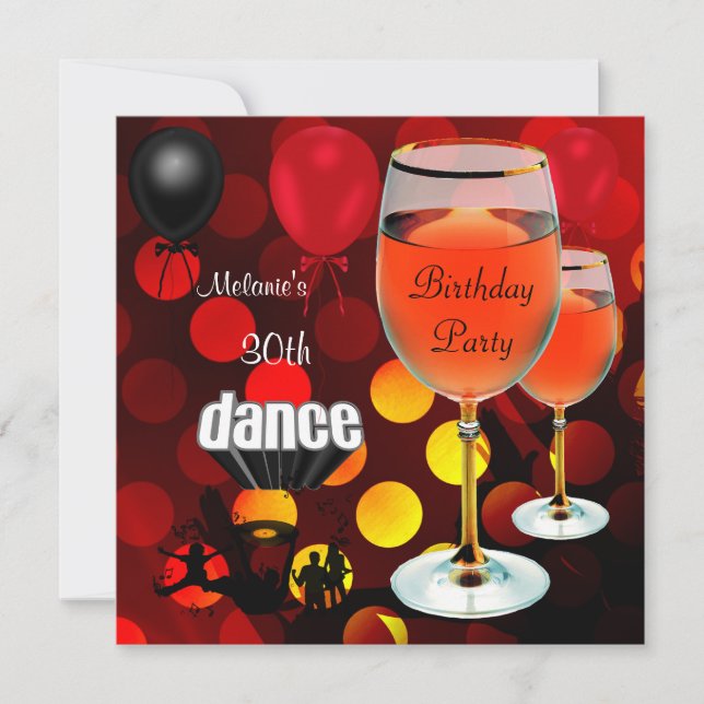 30th Birthday Red Wine Glass Dance Balloons Invitation (Front)