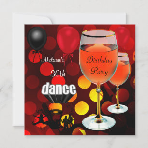 30th Birthday Red Wine Glass Dance Balloons Invitation
