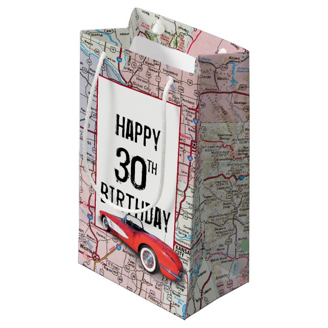 30th Birthday Retro Corvette On Map Small Gift Bag (Front Angled)
