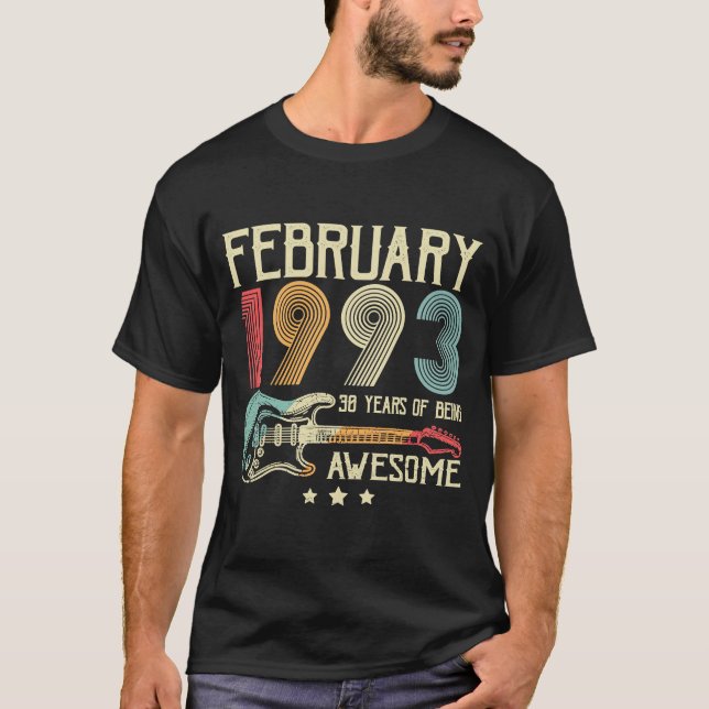 30th Birthday Retro Guitar  February 1993 30 Years T-Shirt (Front)