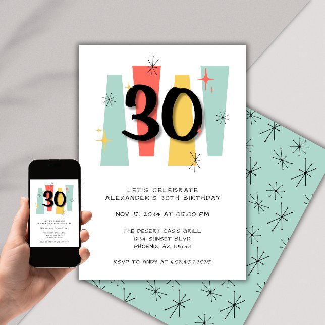 30th Birthday Retro Midcentury Modern Colorful Invitation (Creator Uploaded)