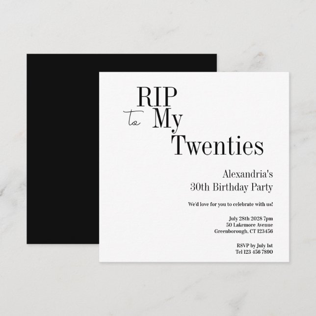 30th Birthday RIP 20s Black and White Minimal Invitation (Front/Back)
