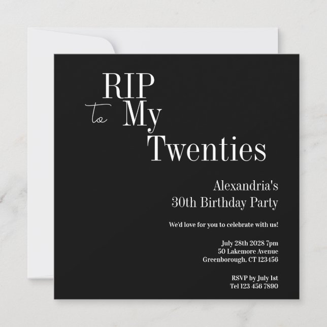 30th Birthday RIP 20s Black and White Party Invitation (Front)