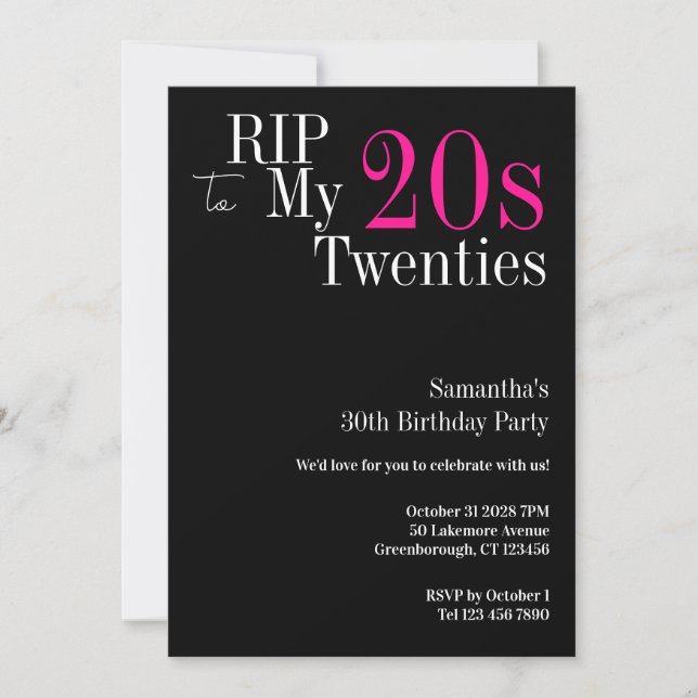 30th Birthday RIP 20s Party Black and Pink Invitation (Front)