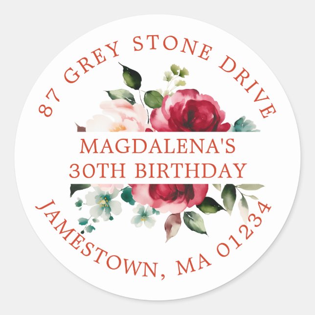 30th Birthday Rose Floral Return Address Label (Front)