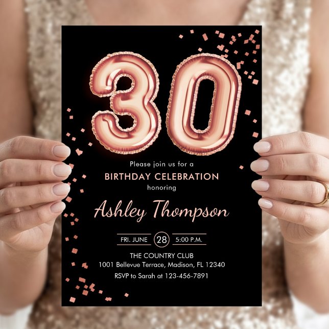 30th Birthday - Rose Gold Balloons Black Invitation (Creator Uploaded)
