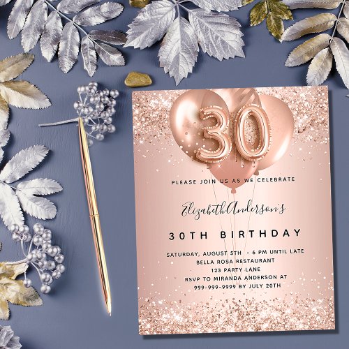 30th birthday rose gold balloons budget invitation flyer