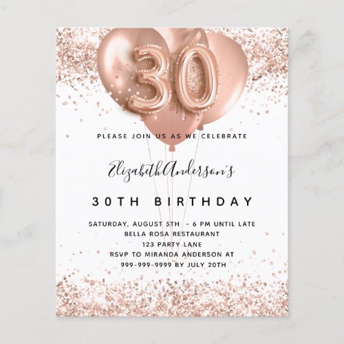 30th birthday rose gold balloons budget invitation flyer