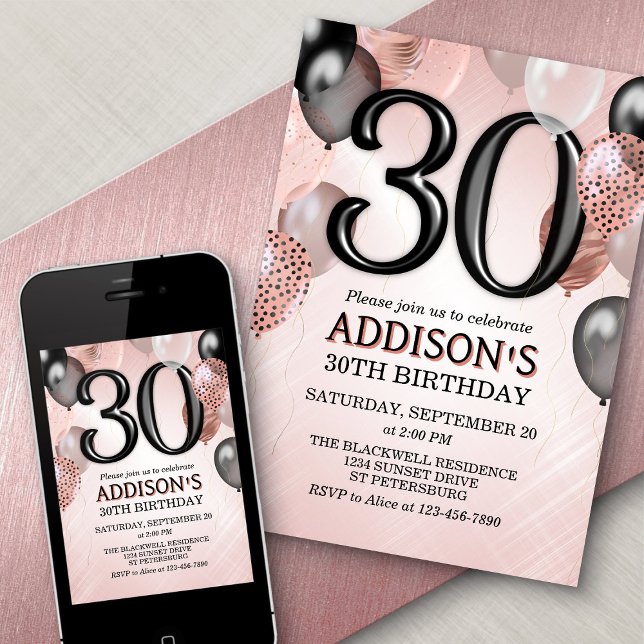 30th Birthday Rose Gold Balloons Invitation (Creator Uploaded)