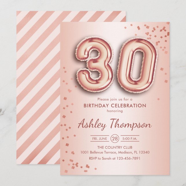 30th Birthday - Rose Gold Balloons Invitation (Front/Back)