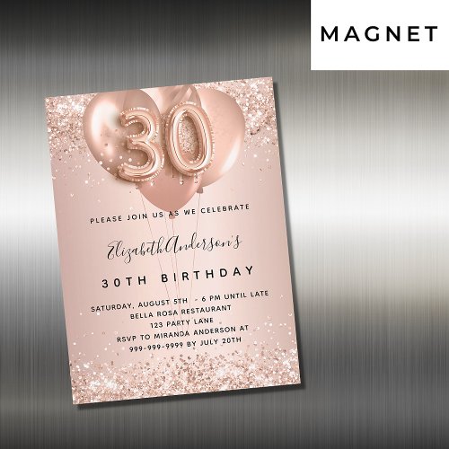 30th birthday rose gold blush balloons luxury magnetic invitation