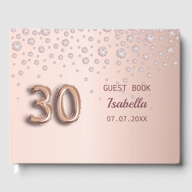 30th birthday rose gold blush diamonds glamorous guest book (Front)
