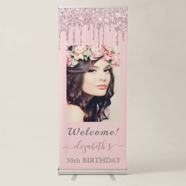 30th birthday rose gold blush glitter drips photo retractable banner (Front)