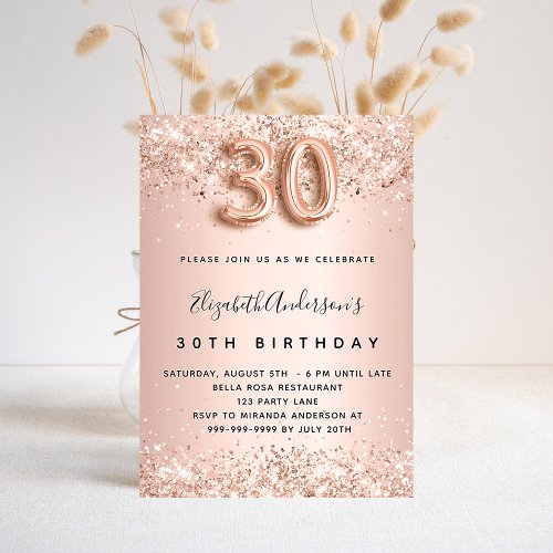 30th birthday rose gold blush glitter luxury invitation