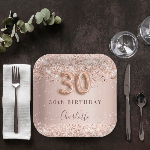 30th birthday rose gold blush glitter name paper plates