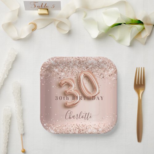 30th birthday rose gold blush glitter name paper plates