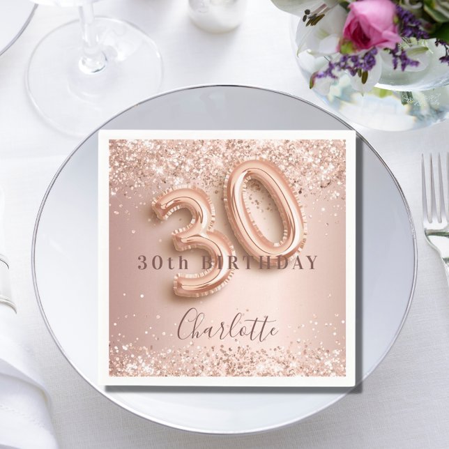 30th birthday rose gold blush pink name napkins (Creator Uploaded)