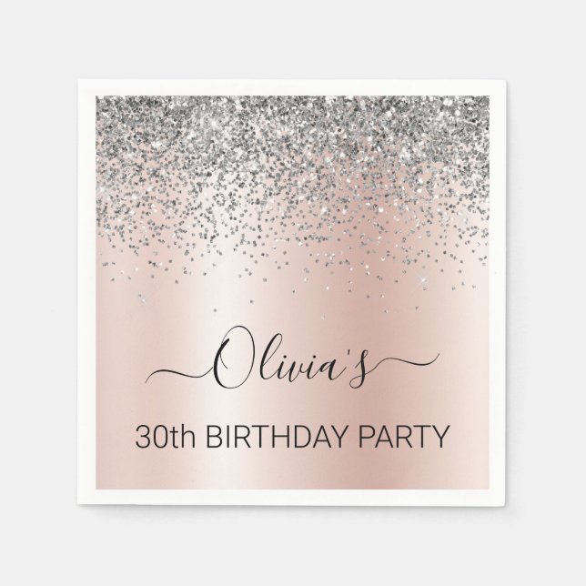30th Birthday Rose Gold Blush Pink Silver Glitter Napkins (Front)