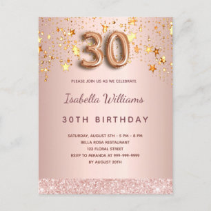 30th birthday rose gold blush stars glamorous postcard