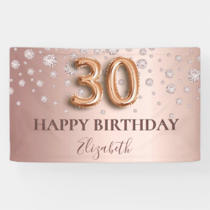30th birthday rose gold diamonds balloon script banner